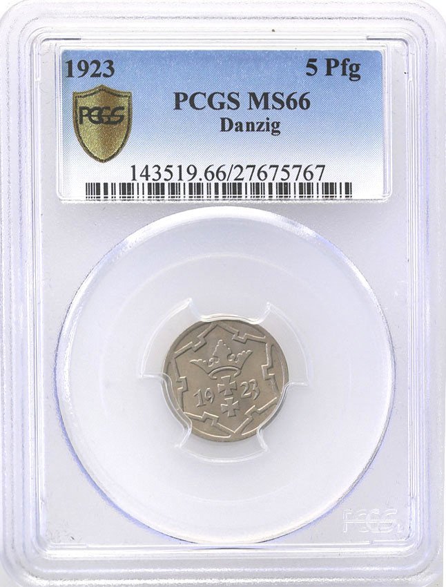 Wolne Miasto Gdańsk/Danzig. 5 fenigów 1923 PCGS MS66 (MAX)